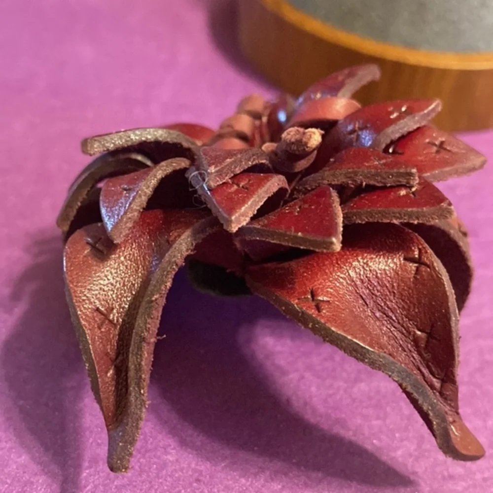 NWOT burgundy tooled leather layered petaled floral brooch